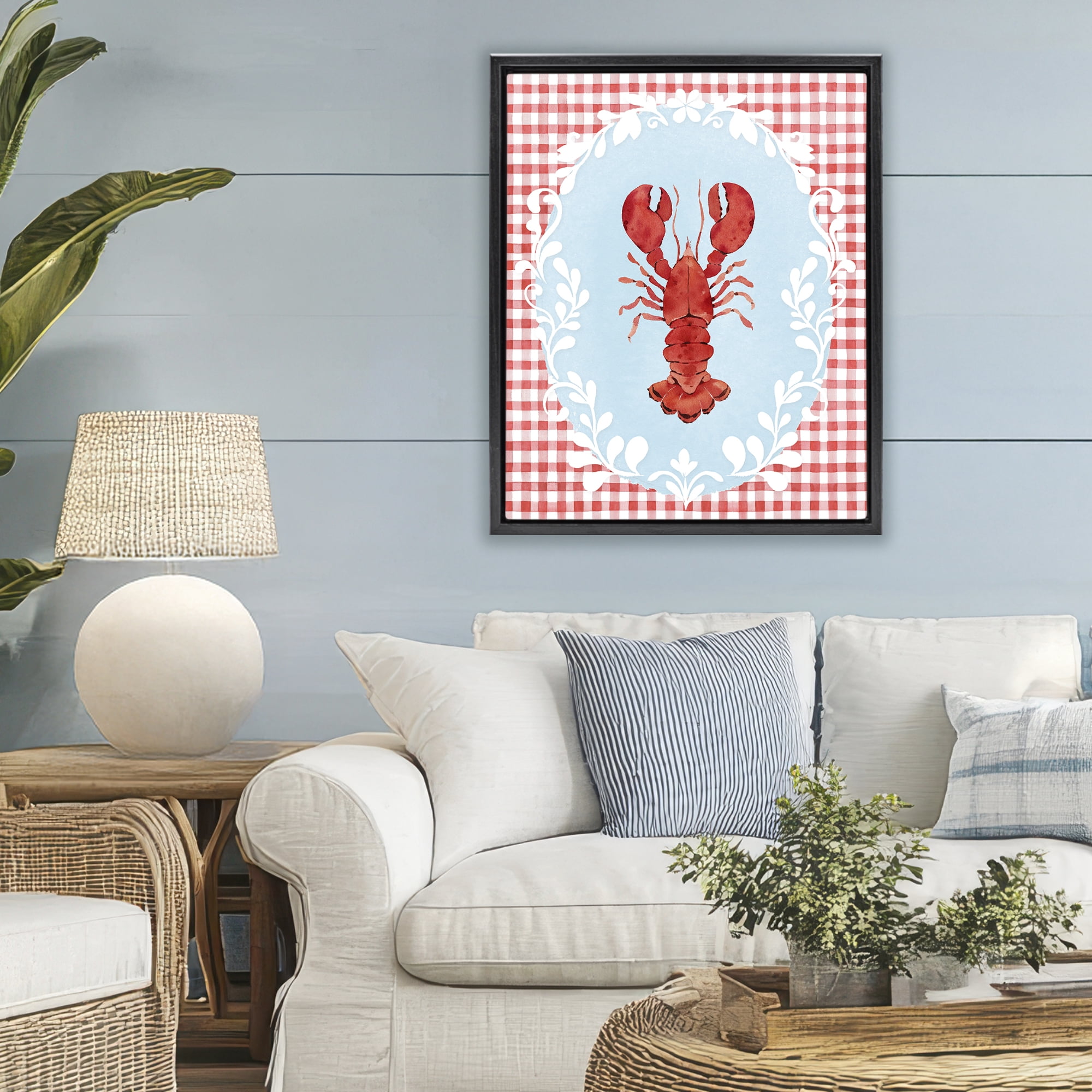 Stupell Industries Lobster with Red Plaid Black Framed Floater Canvas Wall Art, design by Heather Lee Chan
