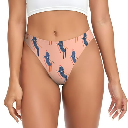 Qokaie Winter Skiing Adventure Printed Women s Cotton Thong Underwear  Sexy Breathable Panties G-string-Small