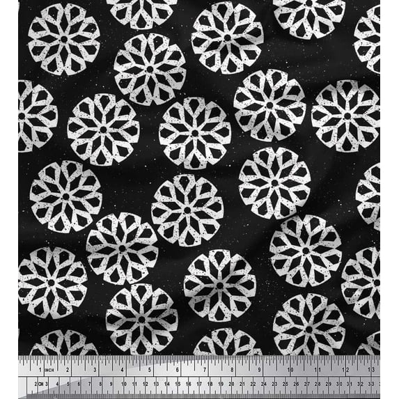 Soimoi Black Poly Georgette Fabric White Mandala Print Fabric by the Yard 52 Inch Wide