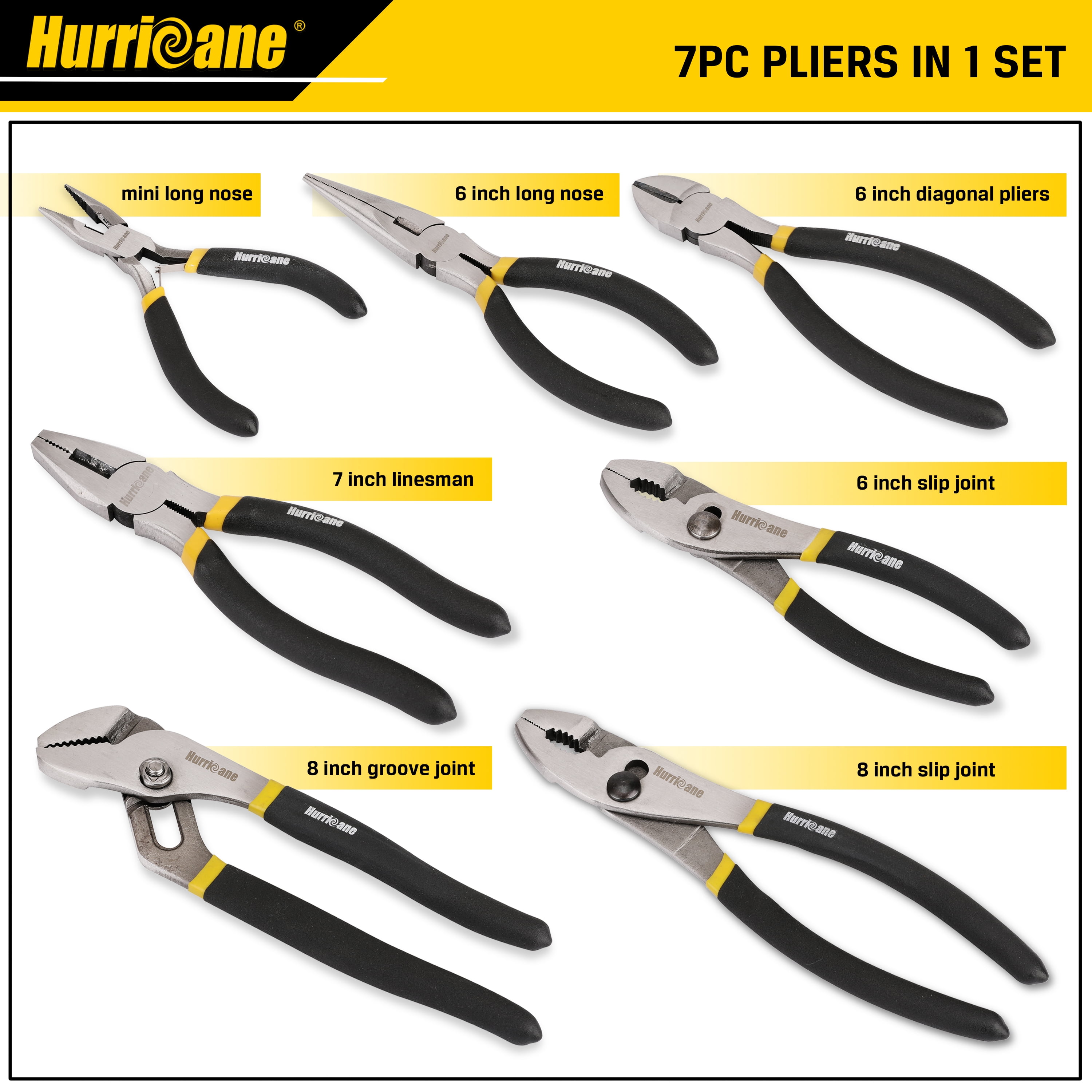 7-Piece Pliers Set - 8 Inch Groove Joint, Slip Joint, 7 Inch Linesman, 6 Inch Diagonal, Long Nose, Mini Long Nose