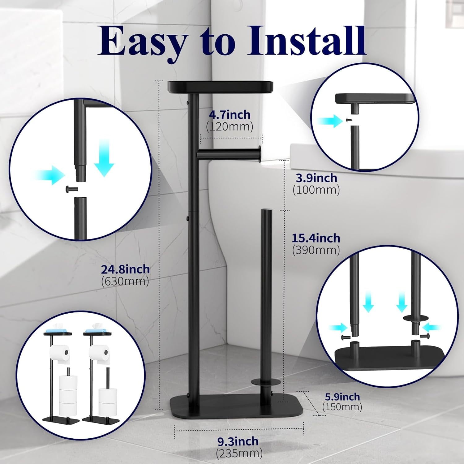 Toilet Paper Holder Free Standing – Rustproof Metal Toilet Paper Stand for 4 Rolls with Anti-Slip Base and Shelf for Phone & Small Items, Bathroom Organizers and Storage, Medium