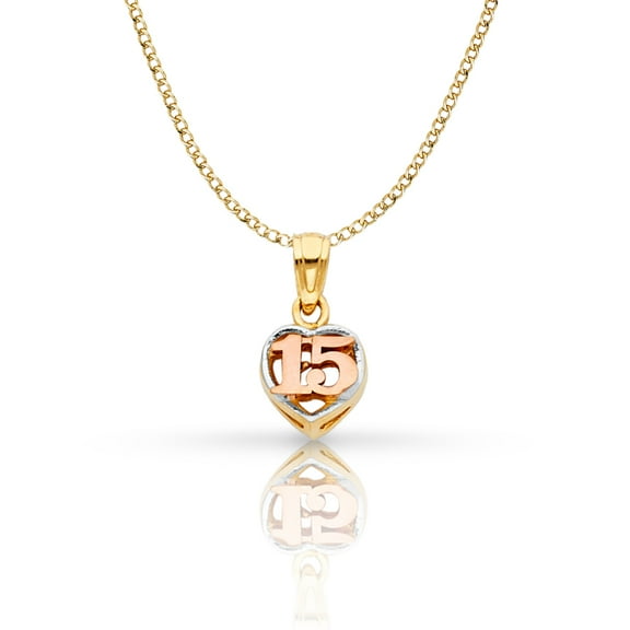 14K Tri Color Gold Sweet 15 Years Quinceanera Heart Charm Pendant with 2mm Hollow Cuban Bevel Chain Necklace