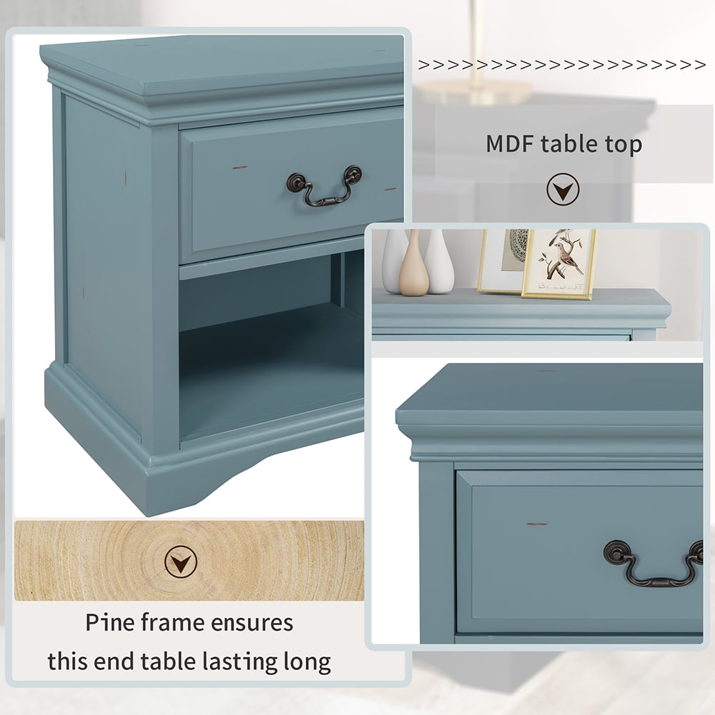 Lowestbest Modern Solid Wood Bedside Table, Living Room Side Table Coffee Table with 1 Drawer, Blue Lowestbest Modern Solid Wood Bedside Table, Living Room Side Table Coffee Table with 1 Drawer, Blue
