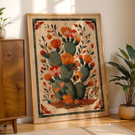 Mexican Cactus Wall Art Desert Floral Prickly Pear Folk Art Decor, Unframed Poster