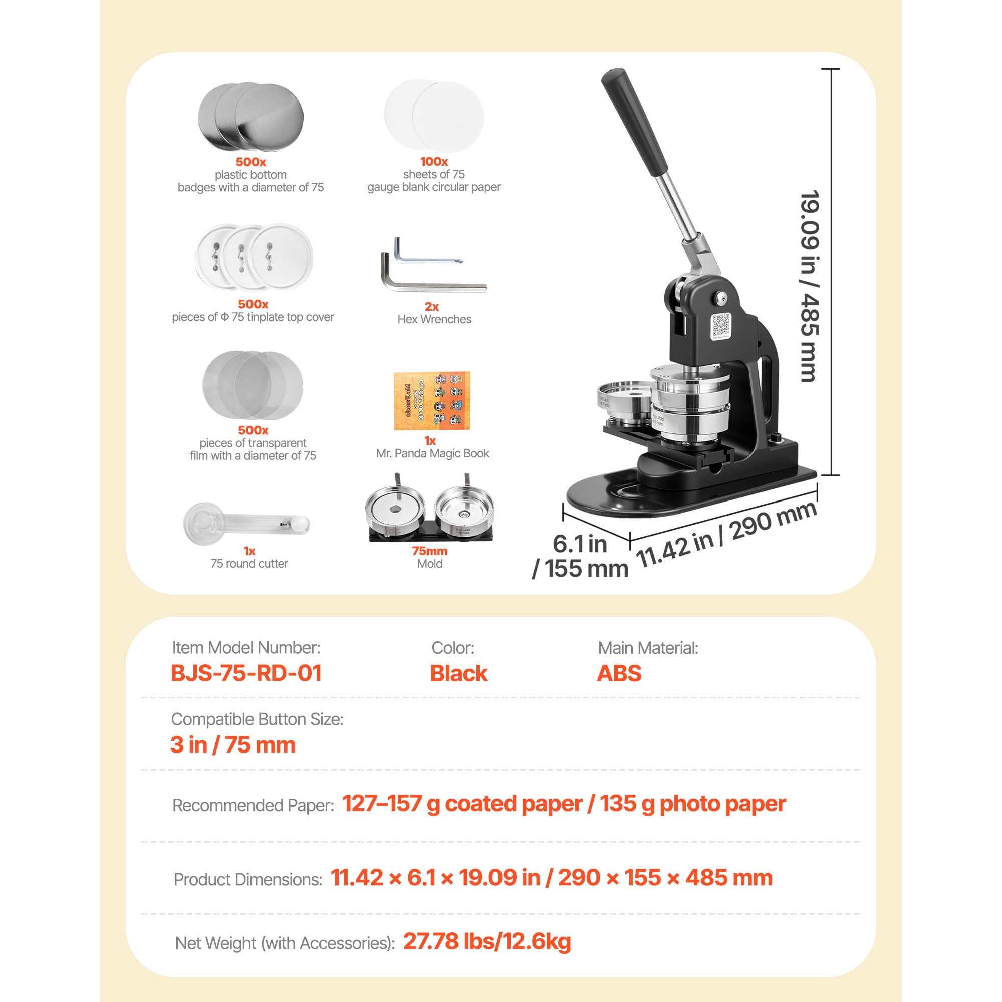 KFFKFF Button Maker Machine, 3-in-1 Badge Press with 500 Button Components, Circle Cutter, Hex Tools, and Instruction Manual, Comfortable Grip, Ideal for Custom Badges, Pins, and Keychains, Black