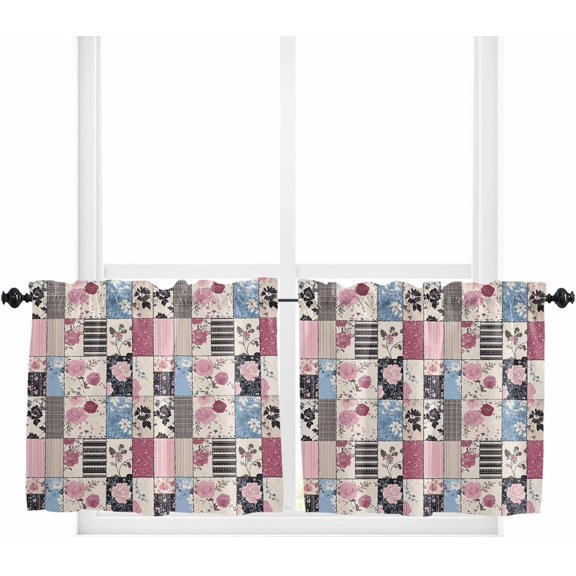 Pink Blue Spring Floral Tier Curtains 24 Inch Length for Small Windows, Farmhouse Curtains & Drapes, Vintage Botanical Flower Rod Pocket Window Curtains for Bedroom, 27.5" x 24", 2 Panels