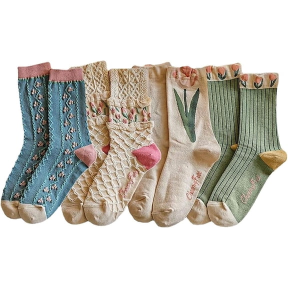 SONGAUN Casual Vintage Floral Cotton Socks for Women 4 Pairs Cute Ruffle Slouch Socks 5-9 for Teen Grils Above Ankle Athletic Socks, Tulip Series(4 Pairs)