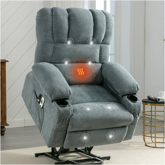 JERFIT Power Lift Recliner Chair with Massage and Heat for Elderly, Electric Remote Control, USB Charging, Soft Fabric, Blue