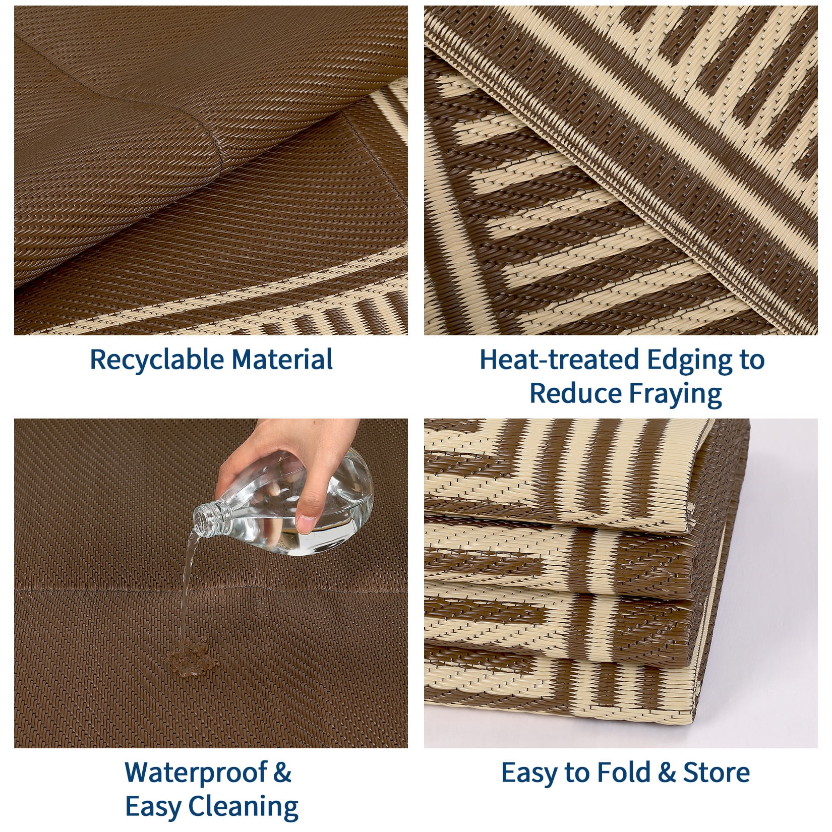 HIWEAVER 10' x 14' Brown Outdoor Rug PP Plastic Straw Woven Waterproof Patio Rug with Border Portable Outside Carpet for Balcony Deck Picnic Garden Decor