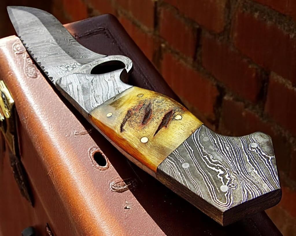 RG-213 Handmade Damascus Steel 15 Inches Bowie Knife - Beautiful Lamb Horn Handle with Damascus Steel Bolsters