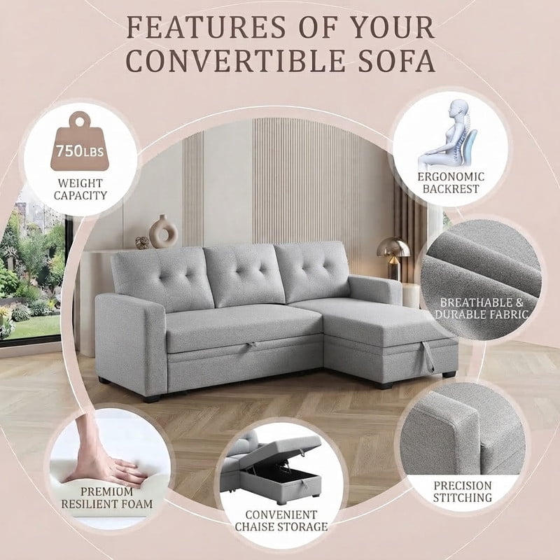 82" L-Shaped Convertible Sleeper Sectional Sofa with Pull-Out Bed, Storage Chaise, Removable Back Cushions, Modular Corner Couch for Living Room, Apartment, Home Office