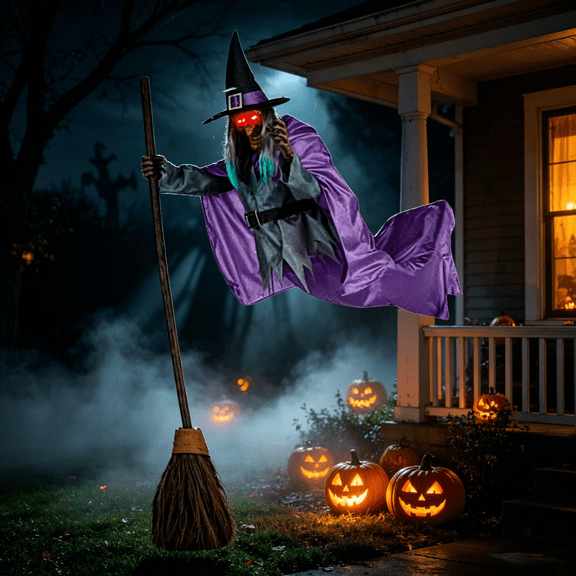 Witch Decorations Halloween 6 FT Scary Flying Witch Decorations Animatronics Halloween Props with Scary Sounds and Lights Decorations for Outside Indoor Garden Yard