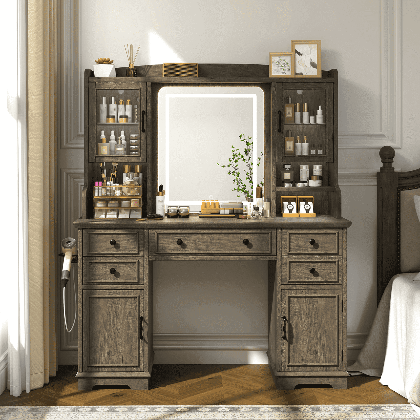 EnHomee Vanity Set with Mirror and Lights Farmhouse Vanity Desk with 5 Drawers & 2 Storage Cabinets Makeup Vanity Table with Lighted Mirror,Dark Oak