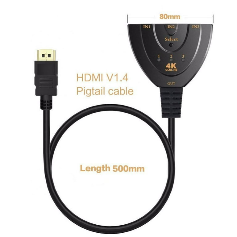 HDMI Switch, GANA 4K HDMI Splitter 3 in 1 Out, 3-Port HDMI Switcher  Selector with Pigtail HDMI Cable,Supports Full HD 4K 1080P 3D Player, HDMI  Hub