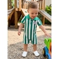 thumbnail image 5 of BemeyourBBs Newborn Baby Baby Football Outfit Infant Baby Boys Summer Fall Clothes Football Romper 0 3 6 12 18 Months Striped Soccer Print Short Sleeve Half Button-up Collared Jumpsuit Playsuit, 5 of 9