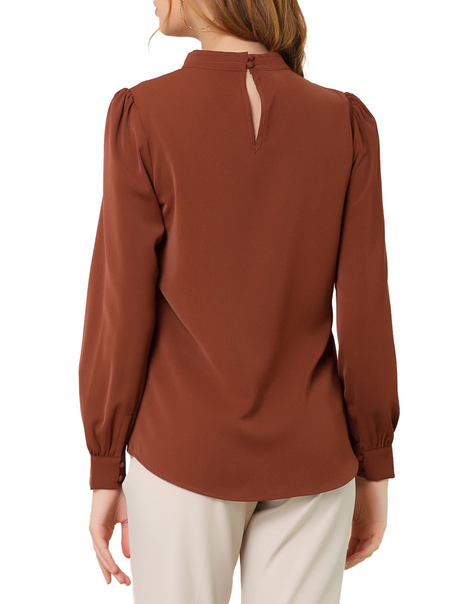 DARING DIVA Women's Stand Collar Long Sleeve Office Blouse M Brown