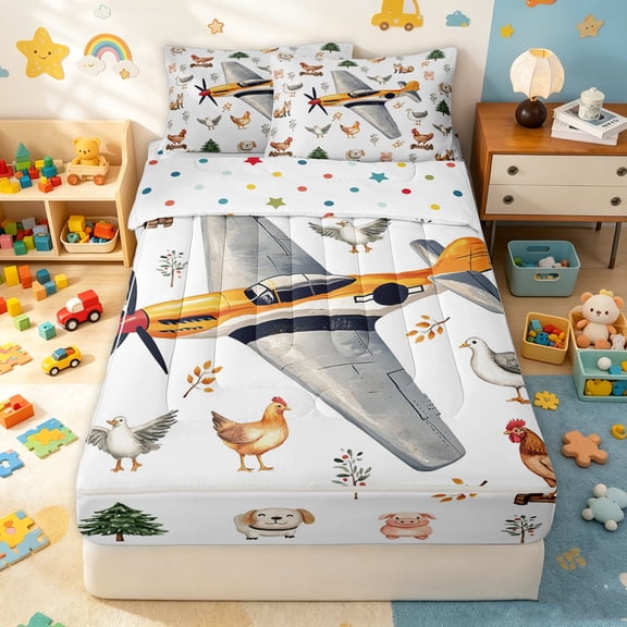 Erosebridal Vintage Airplane Zipper Twin Comforter Sets with Fitted Sheet and 2 Pillowcases for Boys Men, Farm Animal Forest Print Zipper Bedding Set, Polkadot Reversible, 4pcs