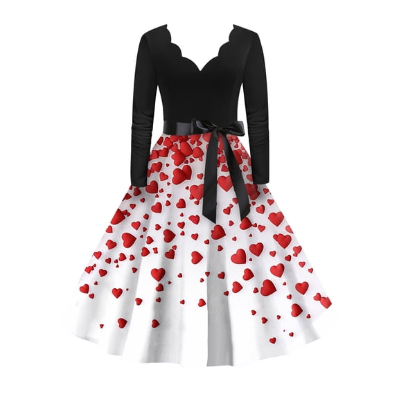 Fgvctg Valentine'S Day A Line Dresses For Women Date-Night Vintage Dress Cocktail 1950S Love Heart Print V Neck Dress Elegant Elegant Long Sleeve Clothes Fit Outfit White 3XL