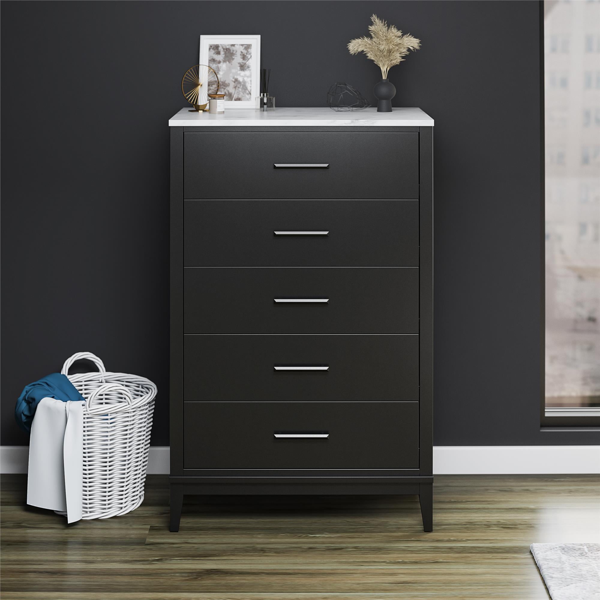 Ameriwood Home Amberleigh Tall 5 Drawer Dresser, Black w/ White Faux Marble Top