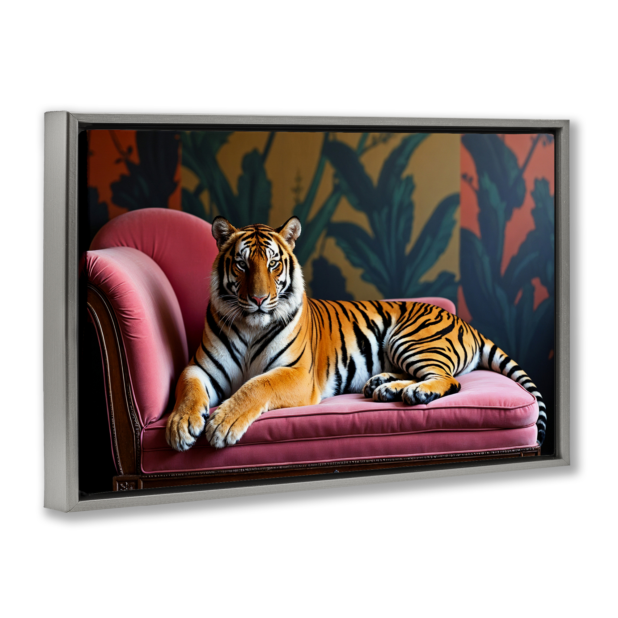 Exotic Tiger Lounging Gray Framed Floater Canvas Wall Art, design by Lettered and Lined