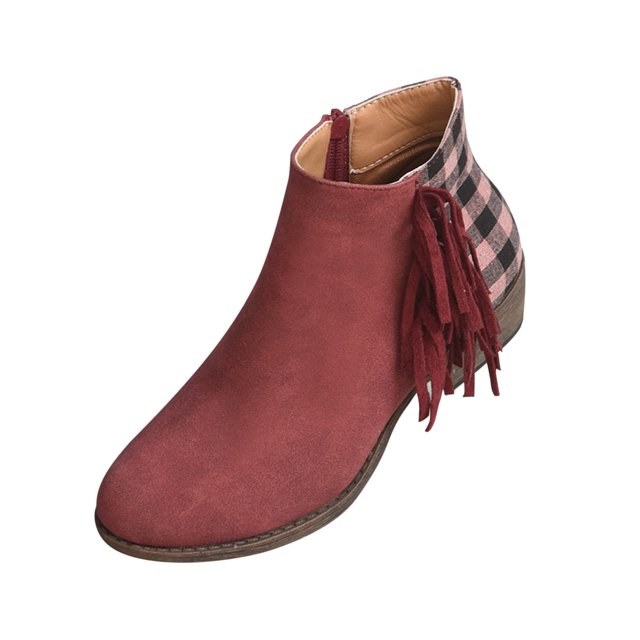 Juebong Bottines à Talons Épais pour Femmes, Décontractées, à Franges Patchwork, Style Western, Rouge, 9