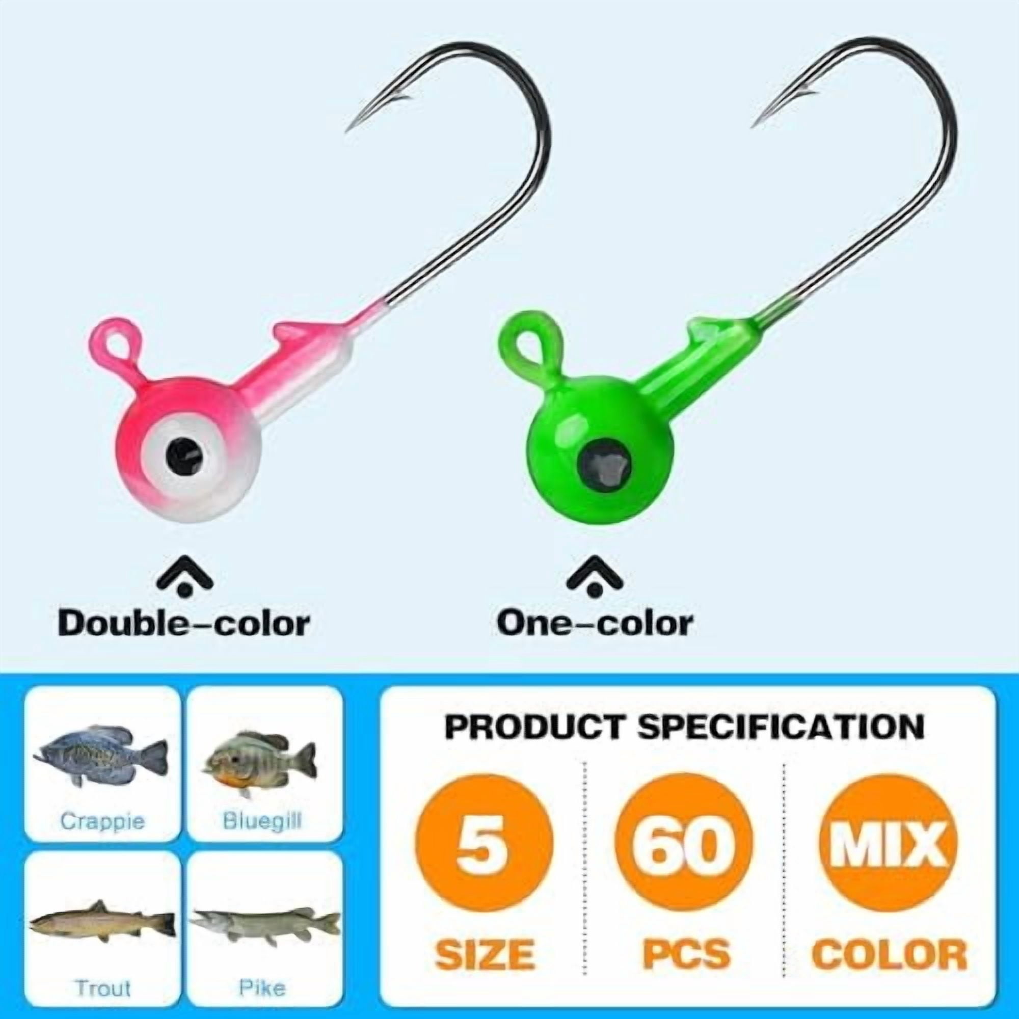 RibRave Fishing Jig Heads Hooks Set, 60pcs Assorted Round Jig Head with 3D Eyes Painted Jig Heads for Crappie Bass Walleye 3/8oz 1/4oz 1/8oz 1/16oz 1/32oz Saltwater Freshwater Fishing Tackle Kit