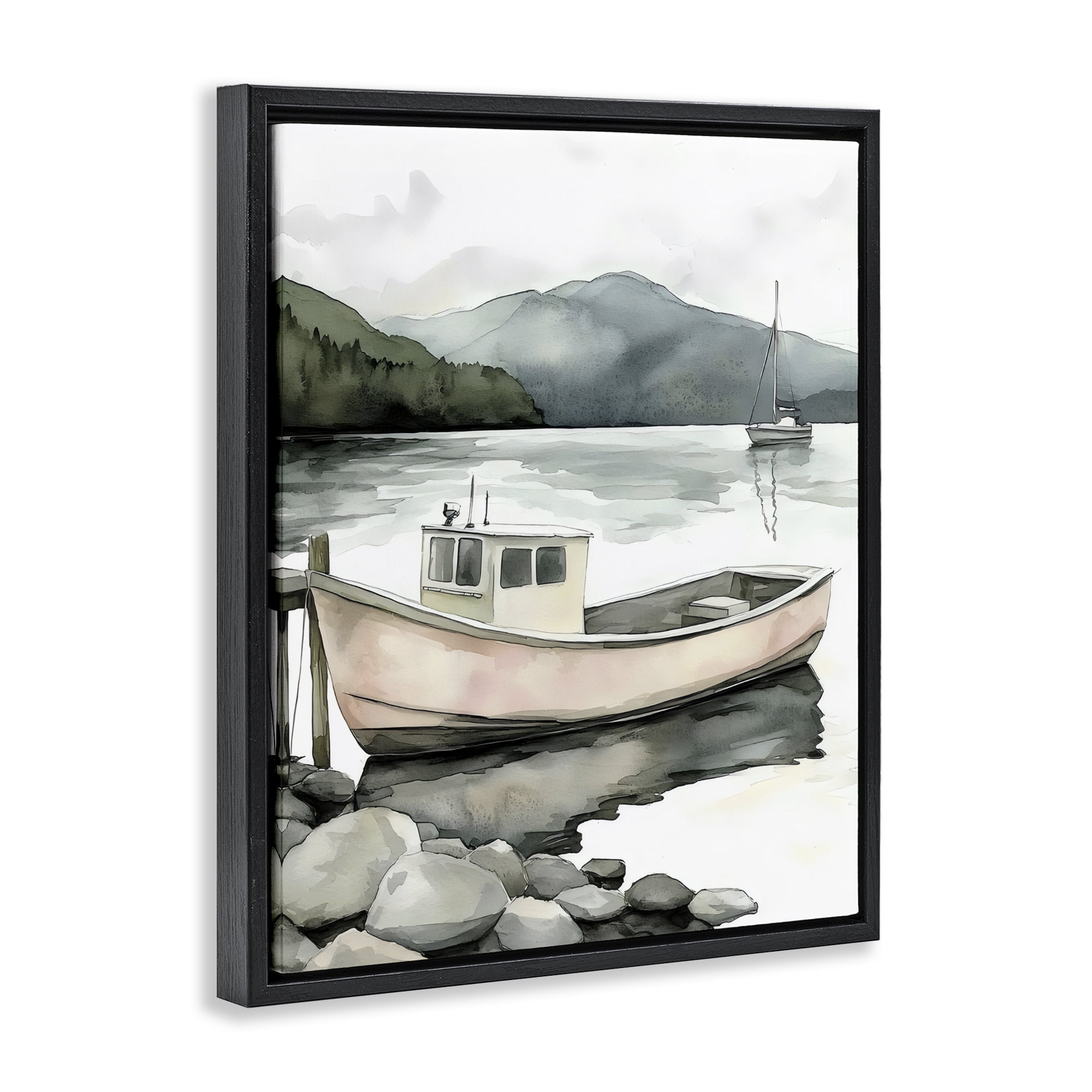 Stupell Industries Coastal Calm Docked Boat Black Framed Floater Canvas Wall Art, design by Riley B