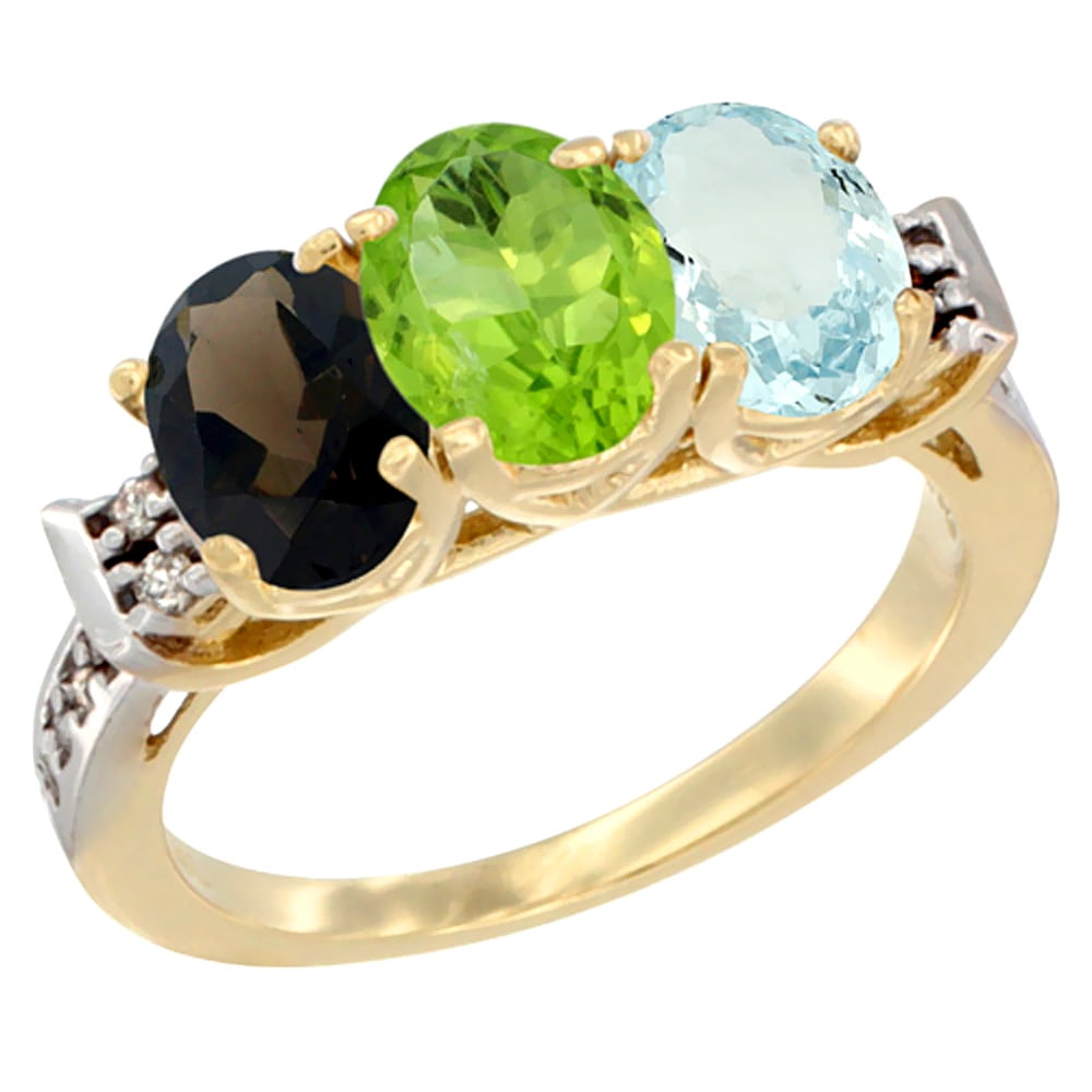 14K Yellow Gold Natural Smoky Topaz, Peridot & Aquamarine Ring 3-Stone Oval 7x5 mm Diamond Accent, sizes 5 10 by WorldJewels