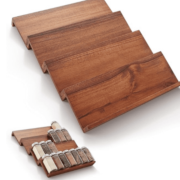 Wood Spice Drawer Organizer - Acacia Wooden Tray Spice Racks Organizer for Cabinet Storage Shelf - 4 Tier Spice Rack Organizer for Drawer 32 Jars (Pack 4)
