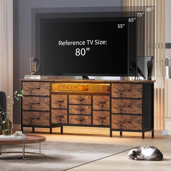 Fits TVs up to 75 In TV Stand with 13 Drawers Charging Station and LED Lights Modern for Living Room Bedroom