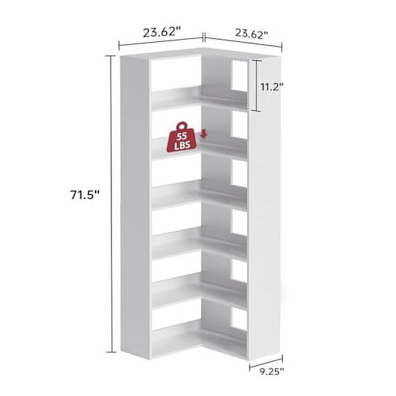 oneinmil Bookcase 6 Tiers with Baffles, Large Corner Bookshelf, 23.62" Storage Display Rack for Living Room Home Office, White