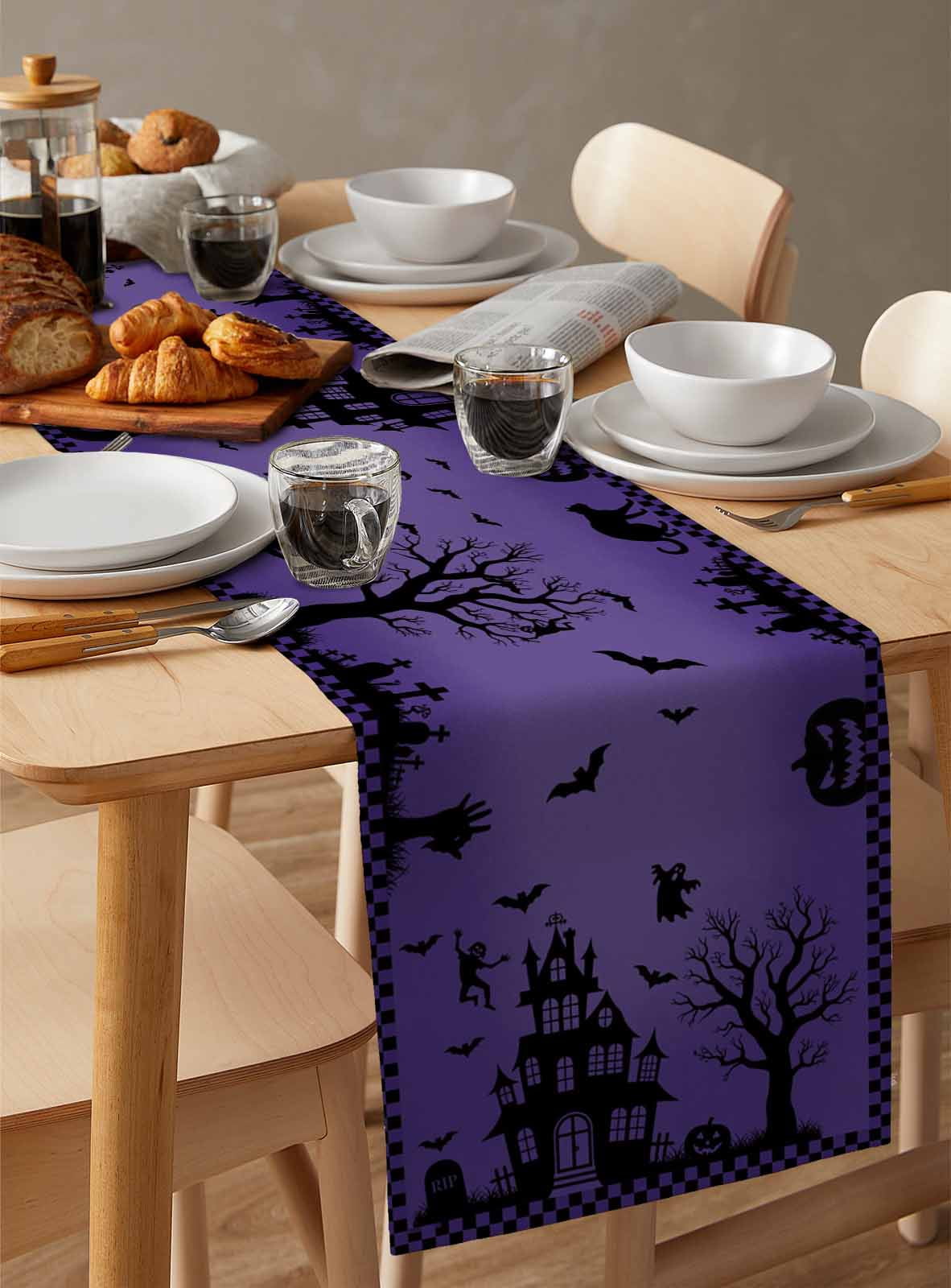 Halloween Purple Table Runner 36 Inches, Spooky Ghost Castle Pumpkin Plaid Bed Runner Dresser Scarves Tabletop for Indoor Outdoor Parties/Ceremony/Banquet, 13"x 36"