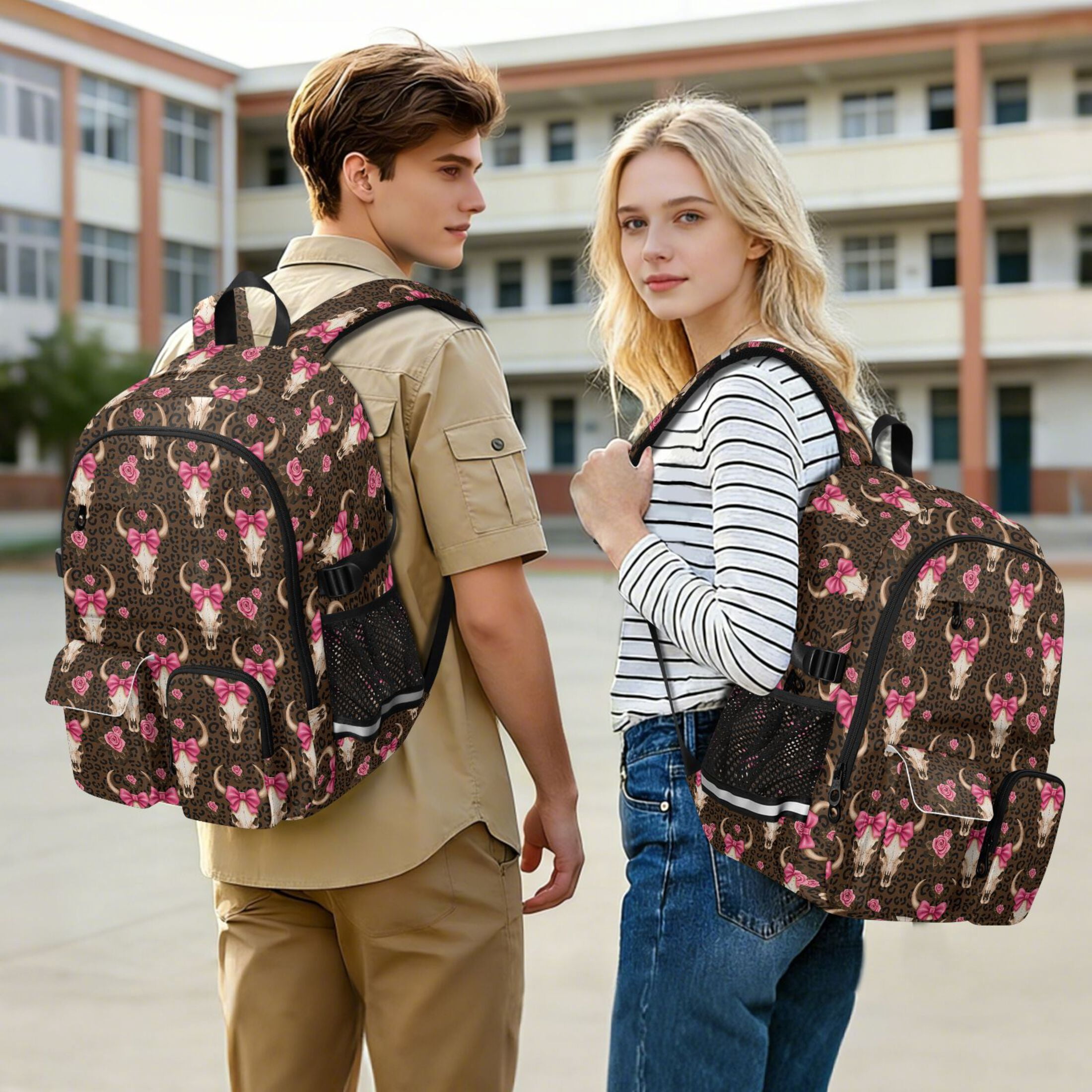 ALAZA Bows Cow Skull Leopard Print Student Backpack School Bookbag Large Laptop Daypack Travel Bag