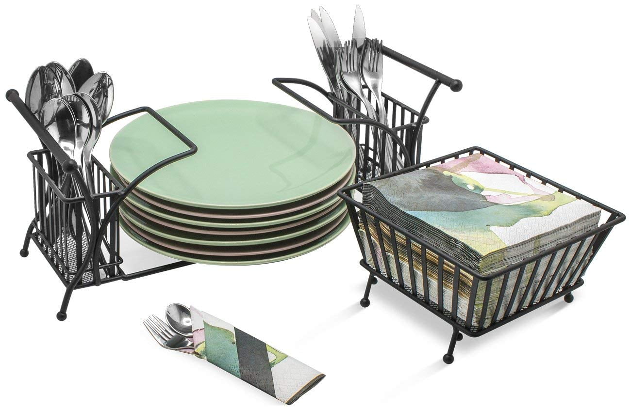 Sorbus Utensil Buffet Caddy - Includes Napkin, Utensil, Plate Holder, Stackable/Detachable - Ideal for Entertaining, Buffet, Kitchen, Dining, Picnics, etc (Black)