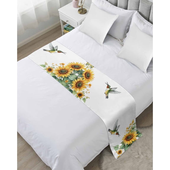Xipuska Sunflower Bed Runners for Queen Size Bed, Decorative Bed Throws for Foot of Bed, Green Summer Flower Birds Pastoral Bed Runner Sofa Throw Bedding Scarf Protector Slipcover for Bedroom/Hotel