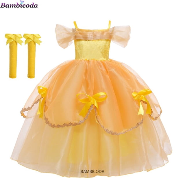 Vestido de princesa bella para niñas, ropa de fiesta de La Bella y La Bestia, disfraz de corona con palo mágico, 2023