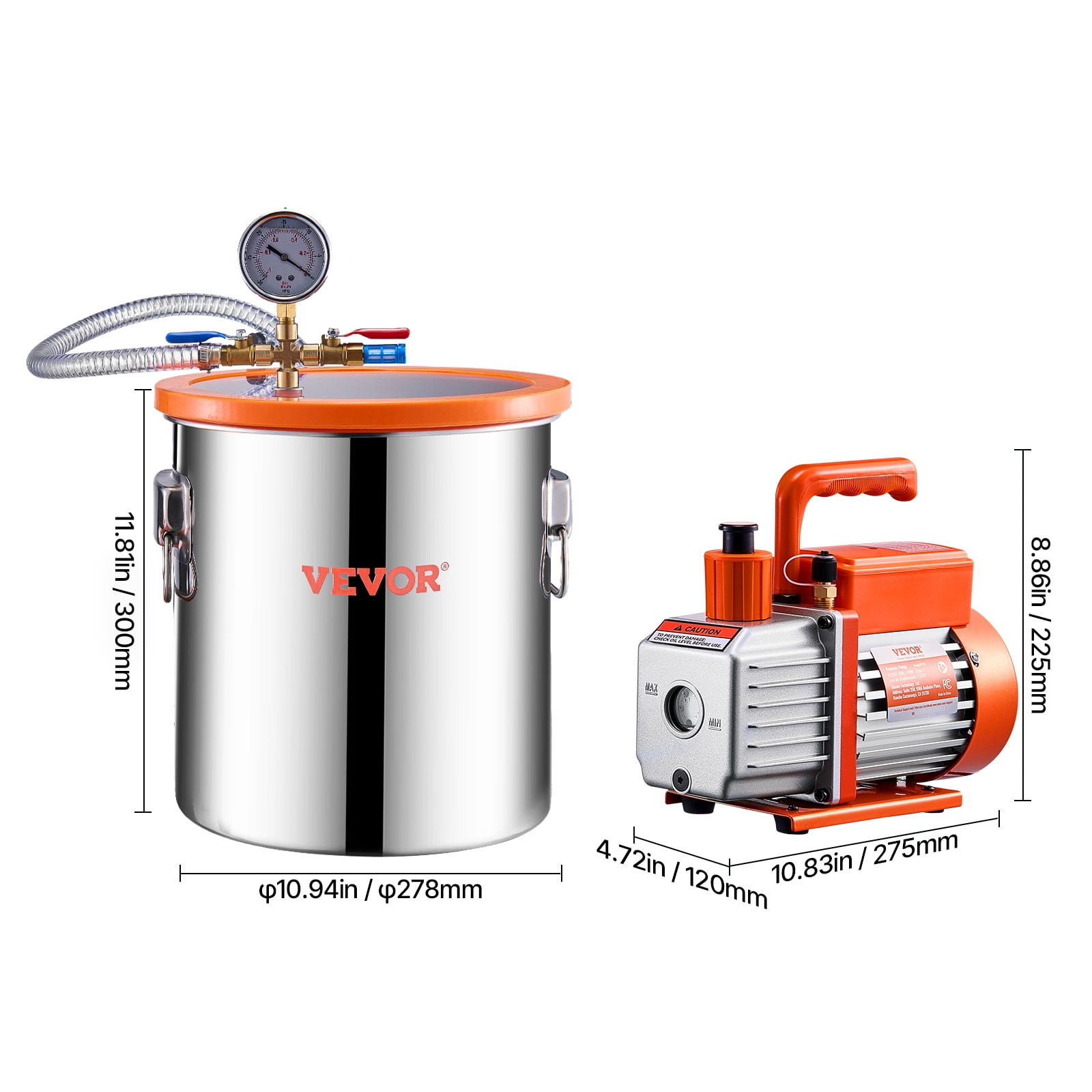 VEVOR 5 Gal Vacuum Chamber and 3.5 CFM Pump Kit, Stainless Steel Chamber, Single Stage Vacuum Pump Degassing Chamber Kit, with Acrylic Lid, Oil, 4.92 ft Hose, for Degassing Resin Silicone Epoxies