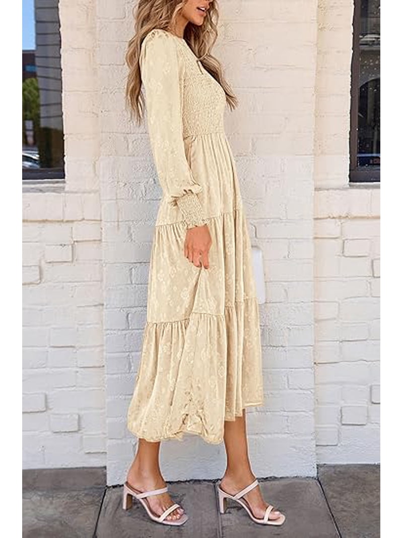 Prettygarden Women's Fall Spring Midi Dress Long Sleeve Floral Smocked Elegant Wedding Guest Long Flowy Dresses with Pockets, Size: 2XL, Beige