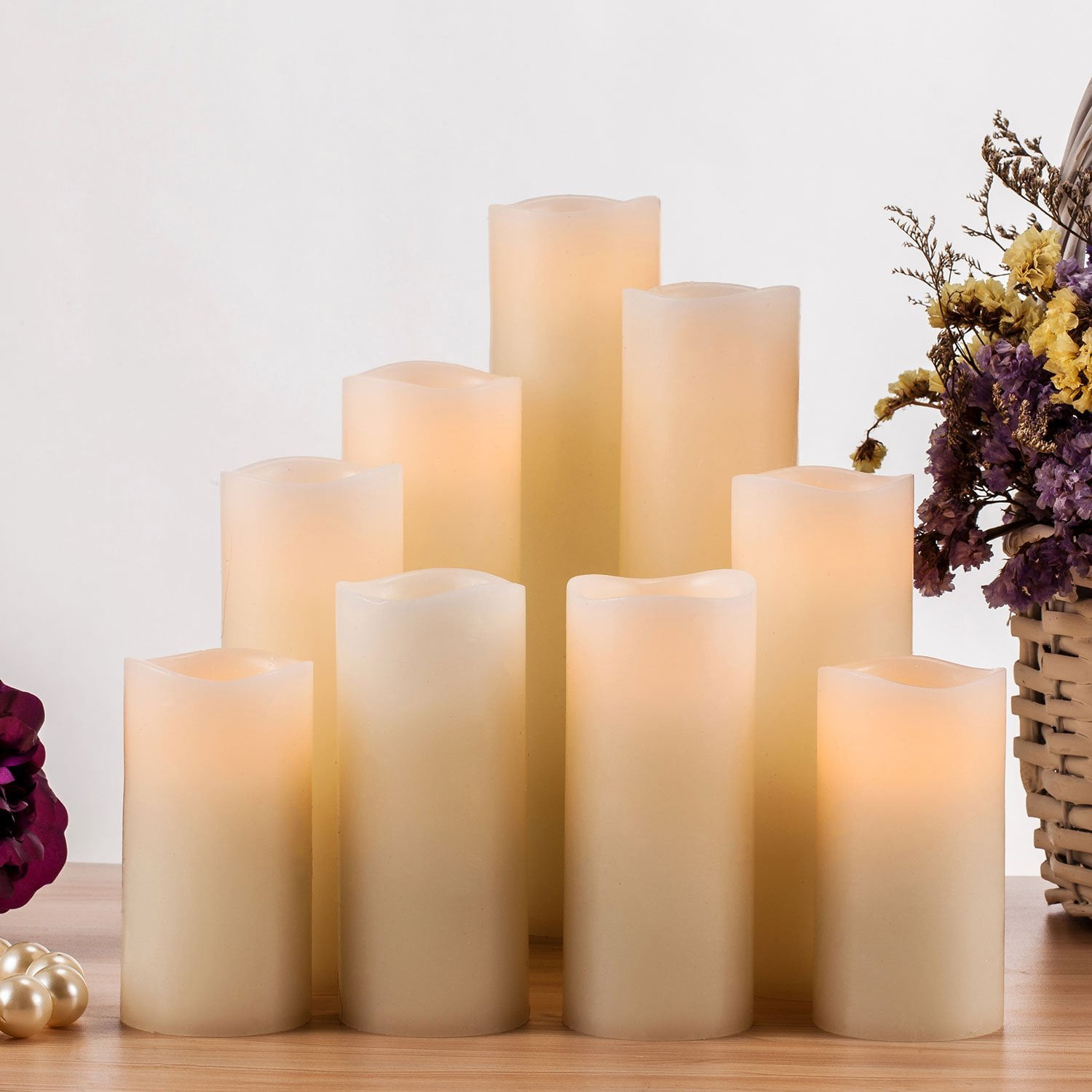 Home & Garden Flameless Pillar Candles with Remote Timer Set of 9 Ivory