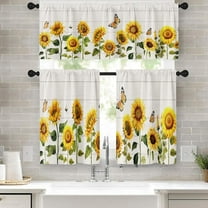 Sunflower Kitchen Window Curtains Valance and Tier Set 36 Inch, Spring Butterfly Summer 3 Piece Set Short Curtains for Window Treatment Tiers for Living Room Bedroom