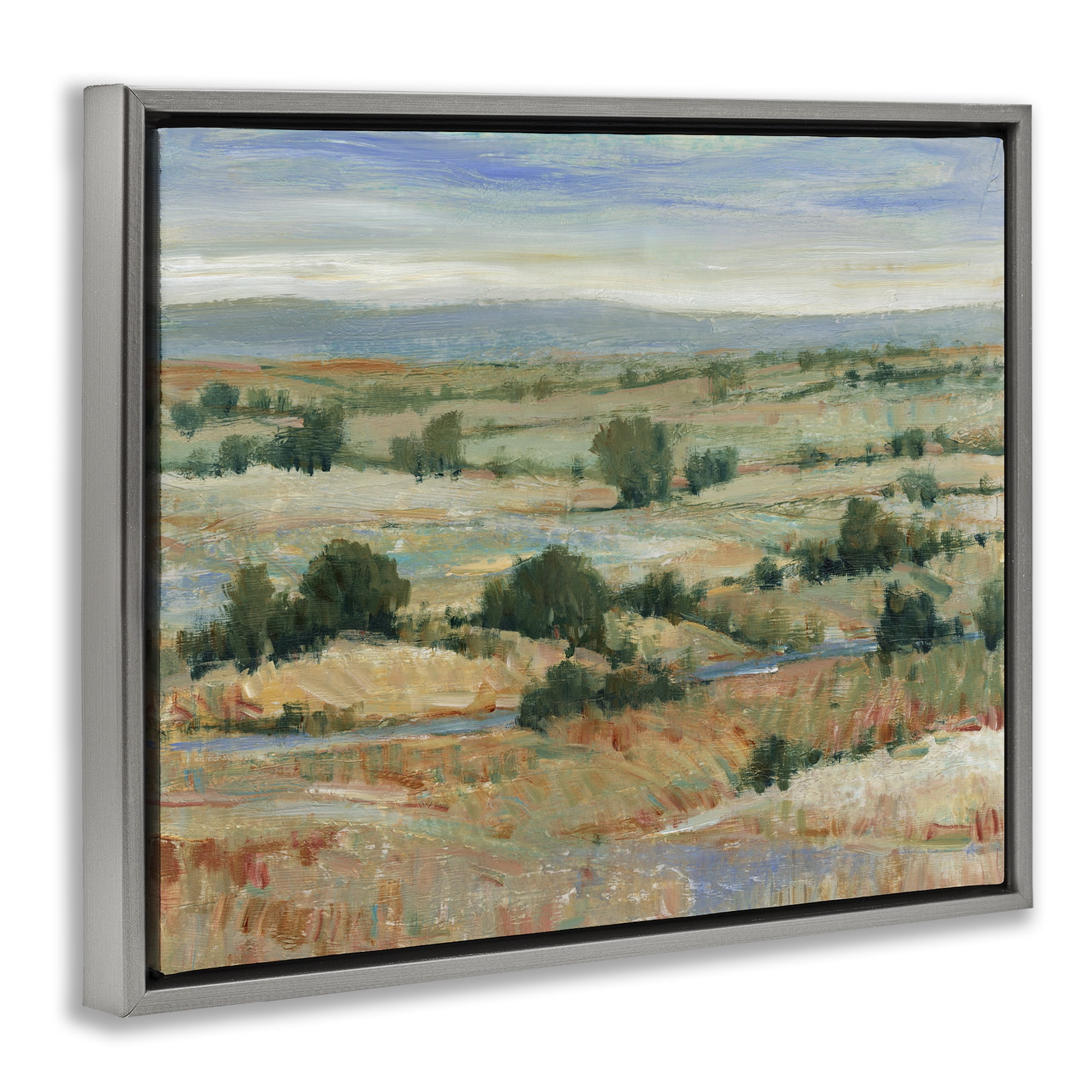 Stupell Industries Distant Farmland View Landscape & Nature Painting Gray Floater Framed Canvas Art Print Wall Art, 21 x 17