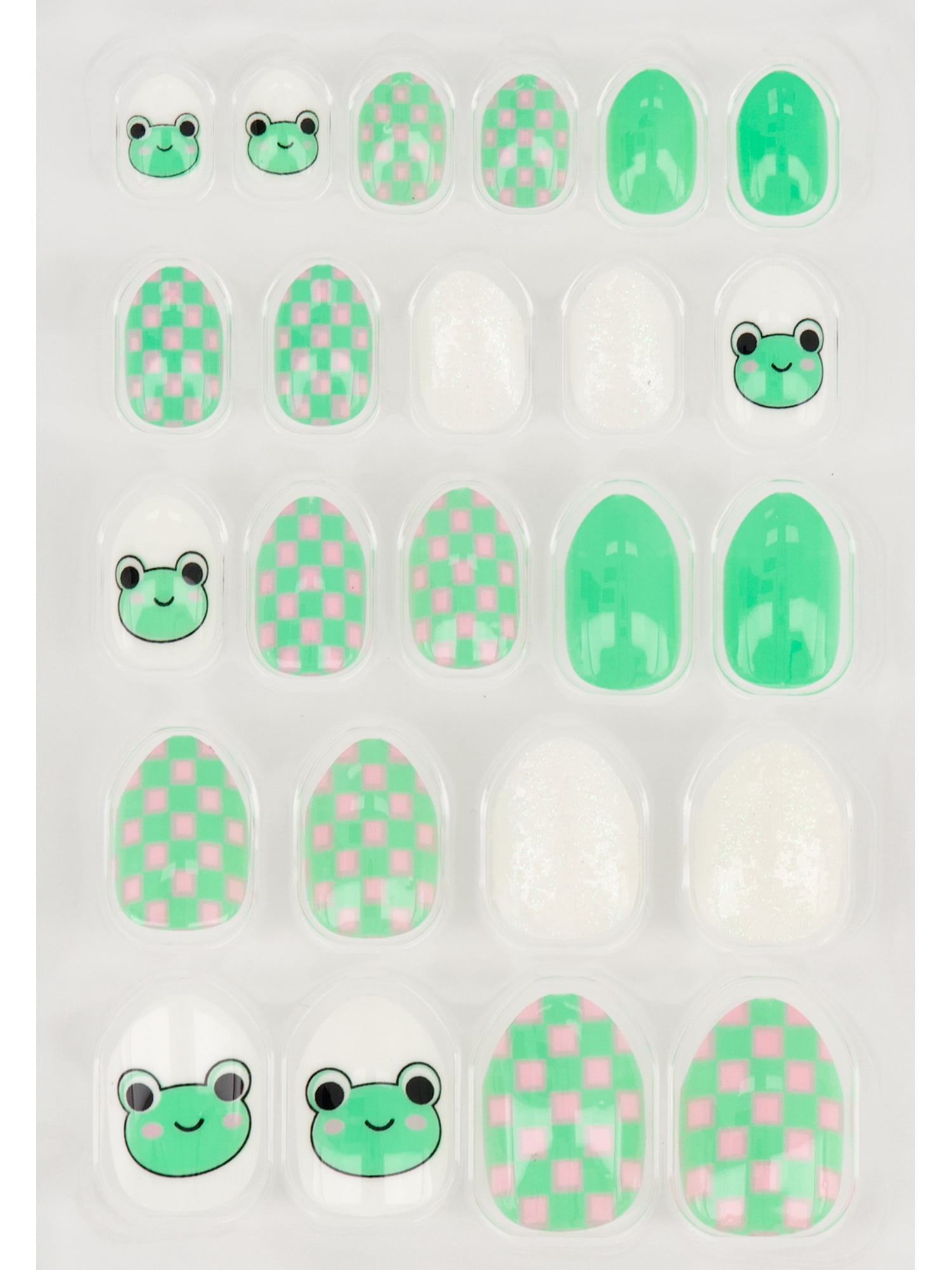 Claire's Tween Girls Green Frog Checkered Almond Shaped Press-on Nails, 24 Nails