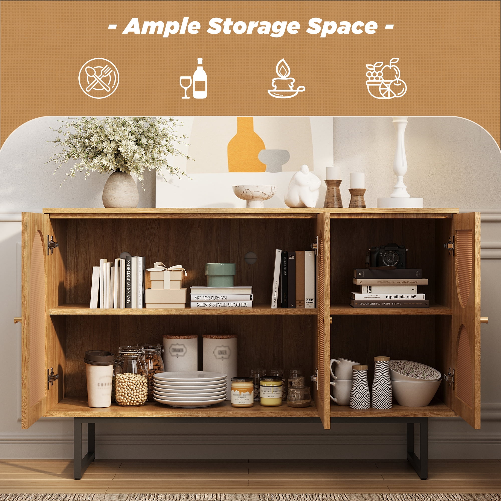 Sideboard Buffet Cabinet with 3 Rattan Doors, 47.2” Kitchen Storage Cabinet with Adjustable Shelf and Metal Legs for Dining Living Room, Hallway, Entryway, Beige