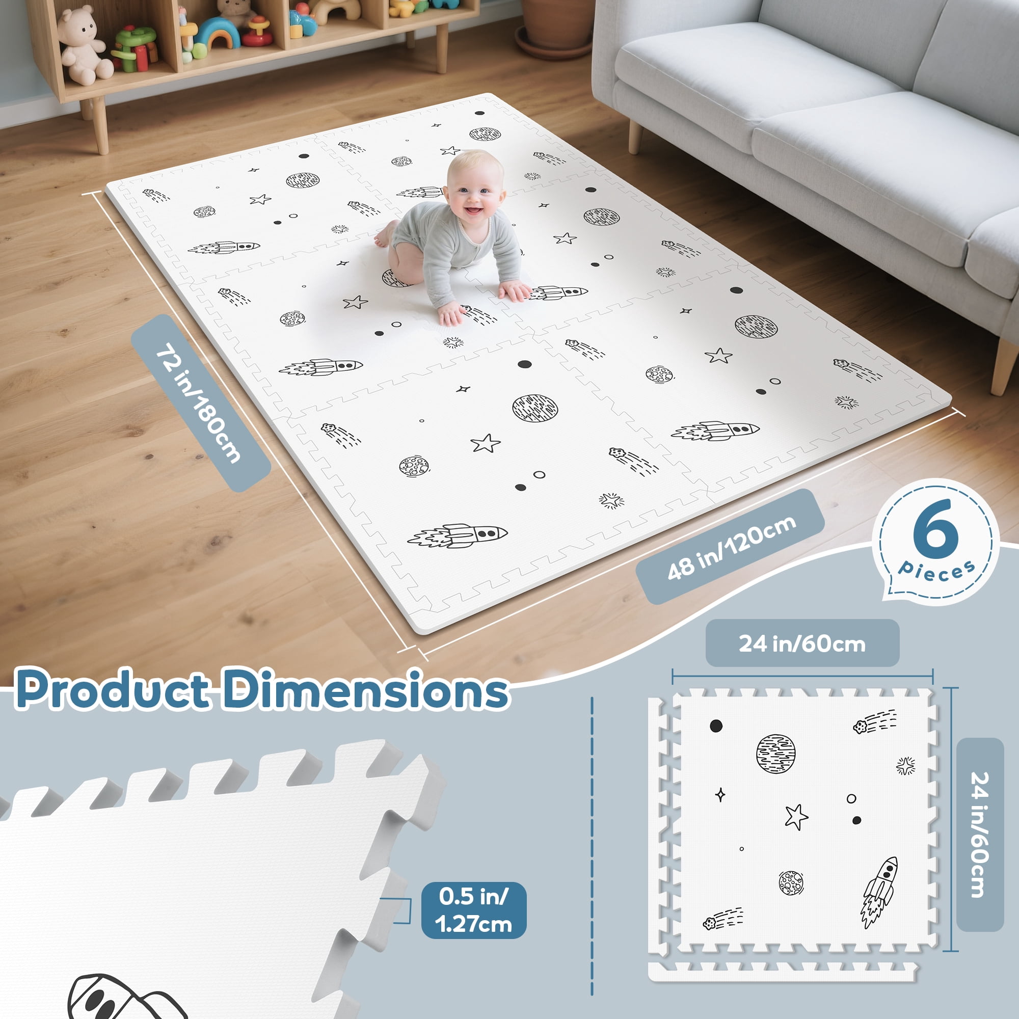 PIGLOG Baby Play Mat, 72"x48" Extra Large Foam Floor Mat, 6-Piece Interlocking Tiles with Galaxy Space Pattern, Waterproof Crawling Mat for Nursery & Playroom, Indoor & Outdoor Use