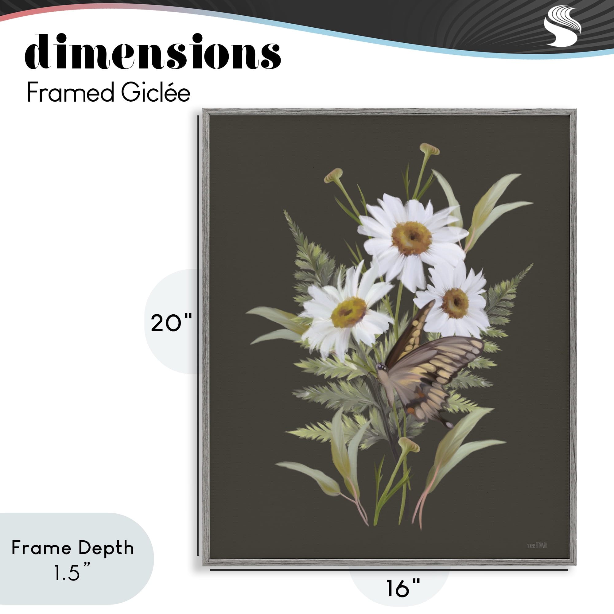 Stupell Industries Daisy Bouquet with Swallowtail Gray Framed Giclee Art, design by House Fenway