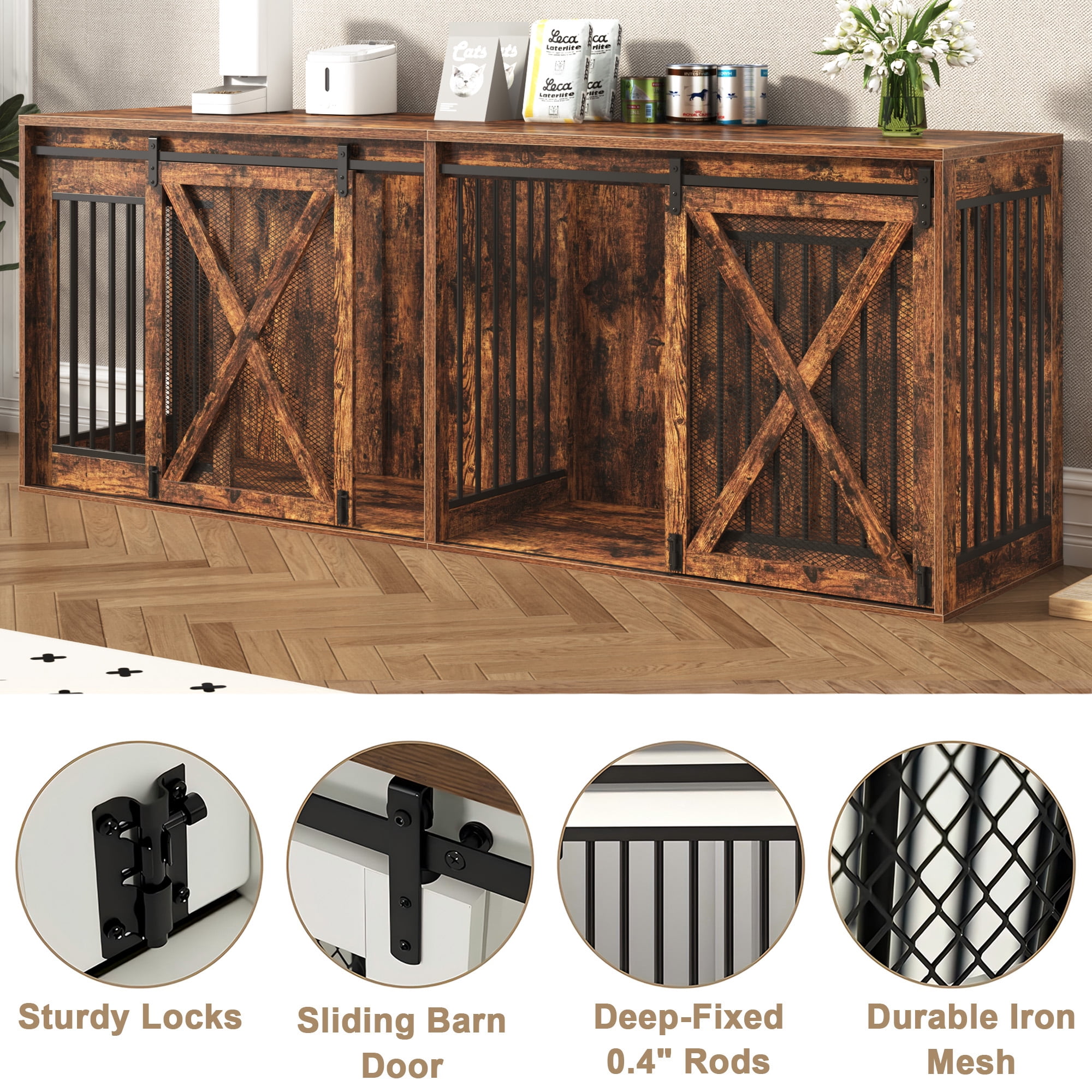 Nordee 94.5" Wooden Dog Crate Furniture for 2 Large Dogs, Heavy Duty Double Dog Kennel with Divider, Extra Large Breed, 35.4" Tall,Rustic Brown