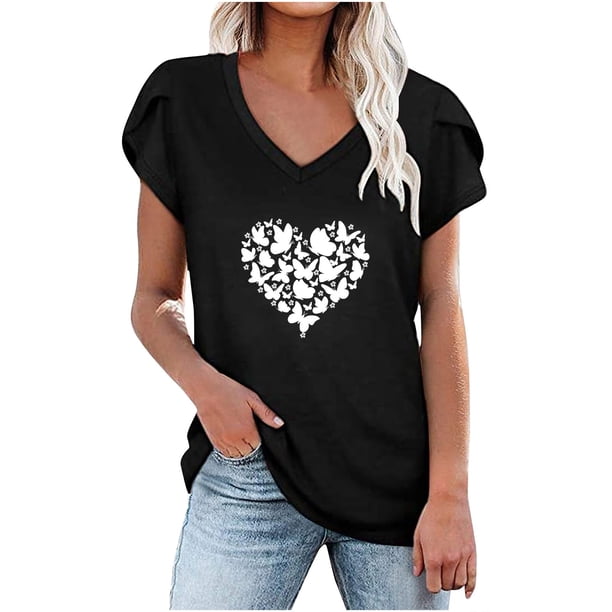 Blusa informal con estampado de manga corta y cuello en V de verano para mujer con estilo OAVQHLG3B Store lin121212