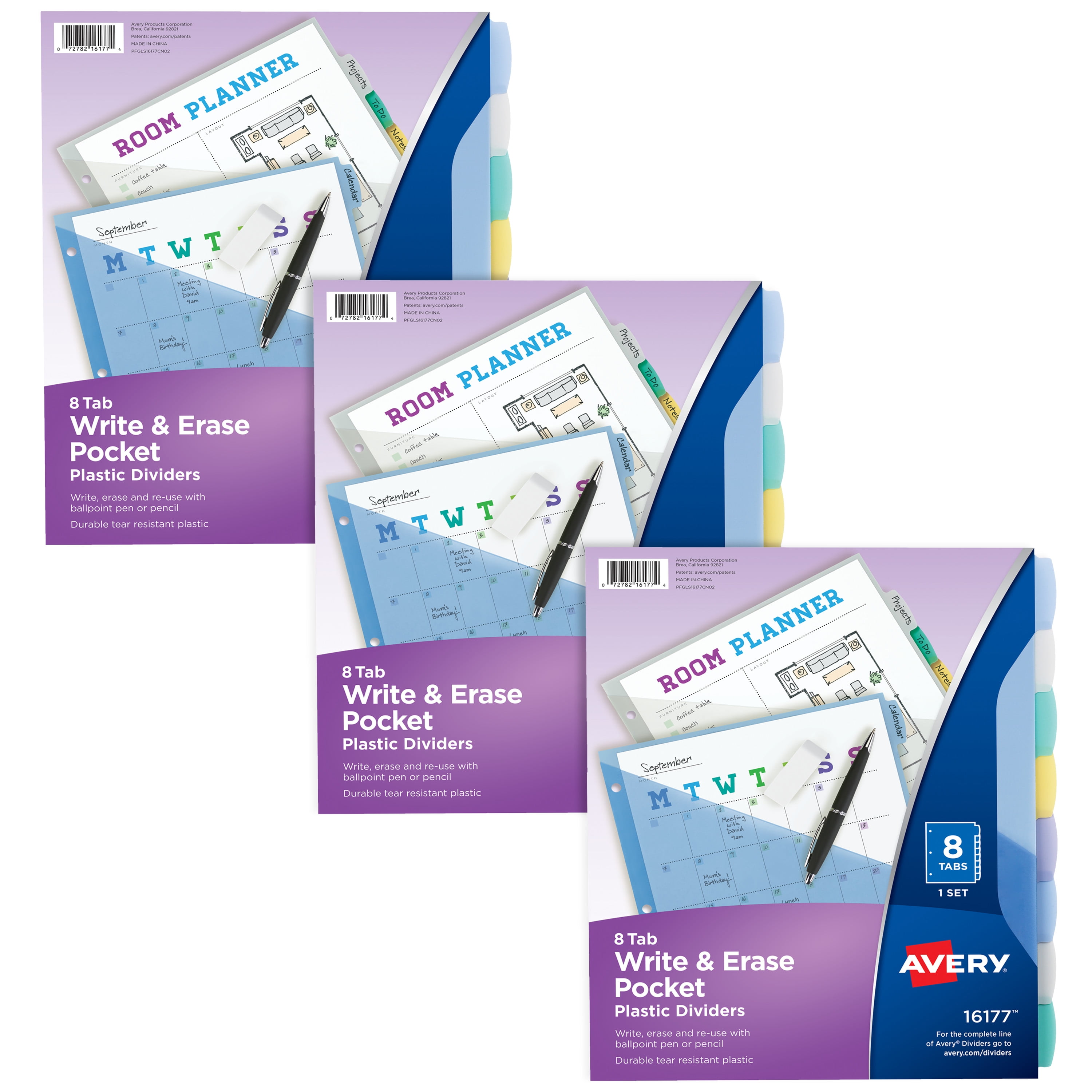Avery Write & Erase Pocket Plastic Dividers for 3 Ring Binders, 8-Tab Sets, Multicolor, 3 Sets (31701)
