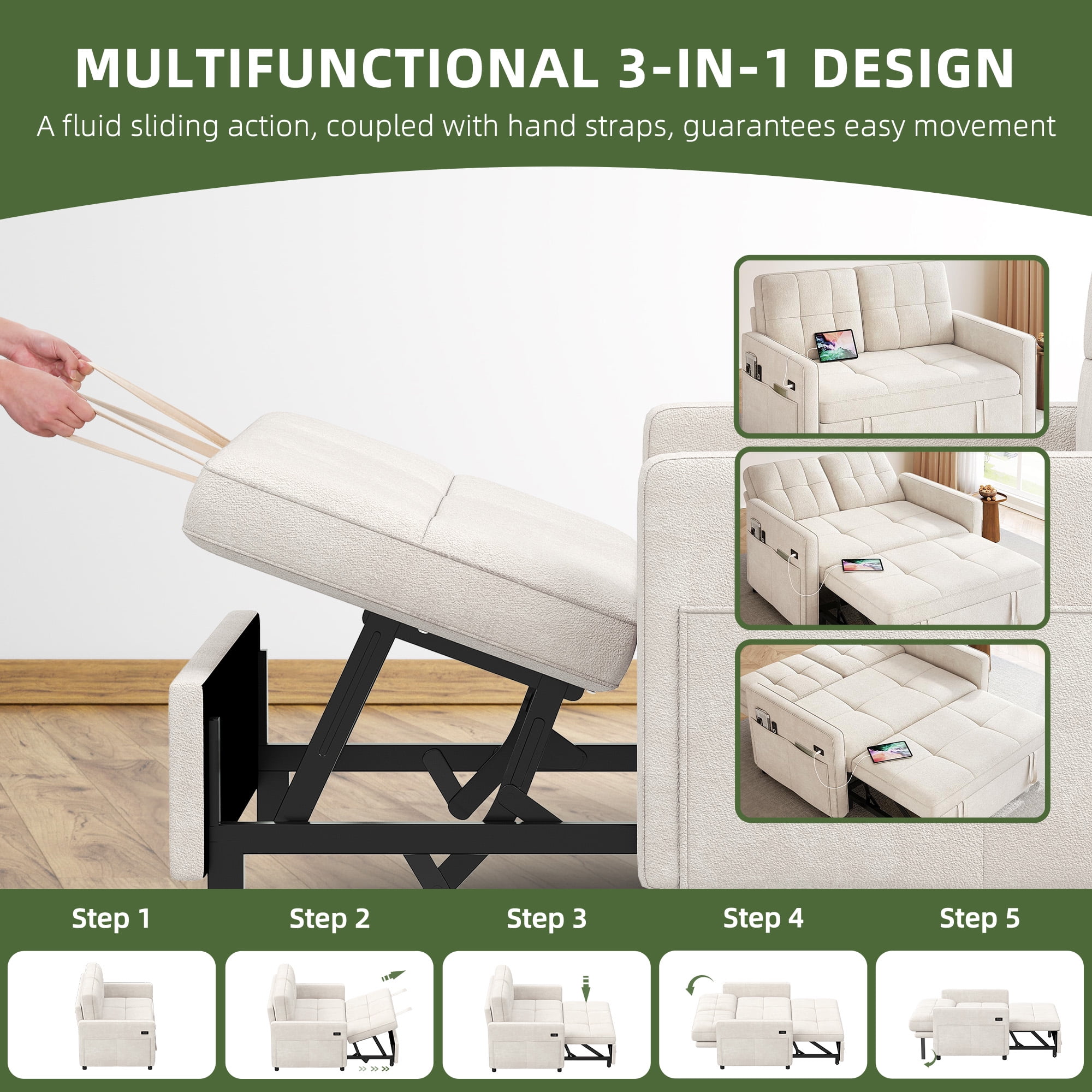Uforic 3-in-1 Convertible Futon Sofa Bed, Modern Couch Cat-Scratch-Proof Loveseat Sleeper for Small Place, Beige