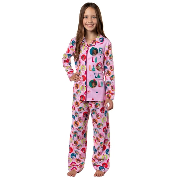 Barbie Girls' Christmas Holiday FALALALA Santa Snowflake Kids 2PC Button-Front Sleep Pajama Pant Set Loungewear